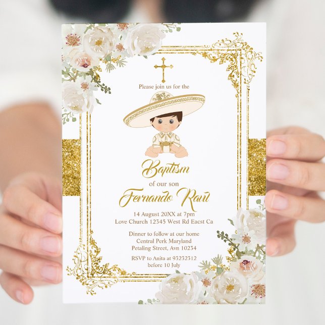 Mexican Gold Fiesta Boy Baptism Christening Invitation (Creator Uploaded)