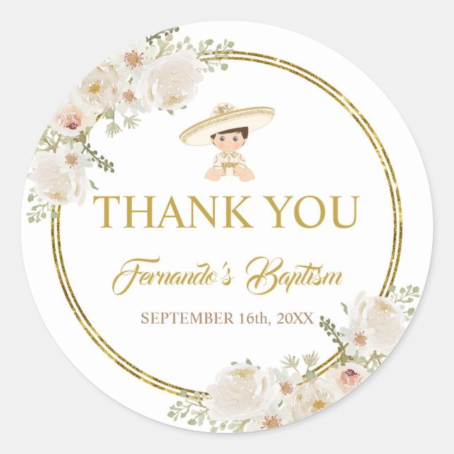 Mexican Gold Fiesta Boy Baptism Thank You Classic Round Sticker (Front)