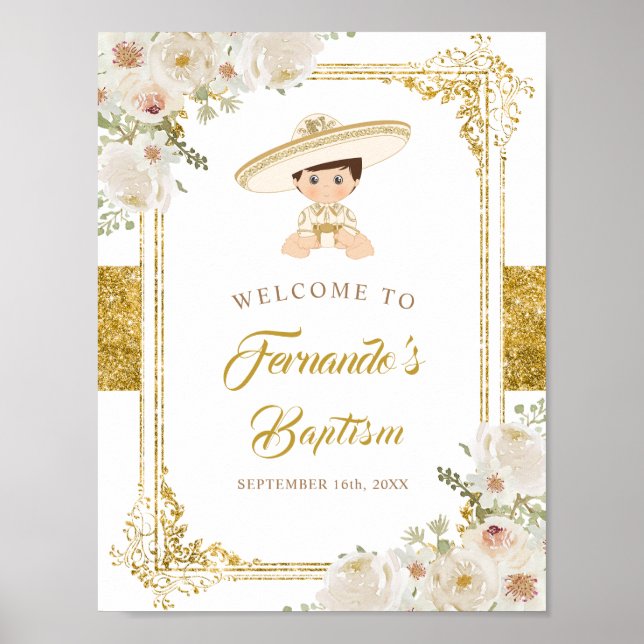Mexican Gold Fiesta Boy Baptism Welcome Poster (Front)