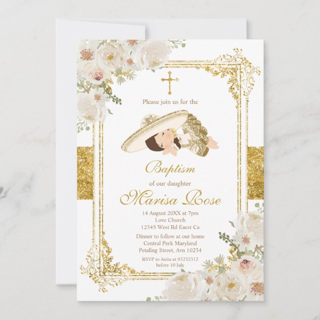 Mexican Gold Fiesta Girl Baptism Christening Invitation (Front)