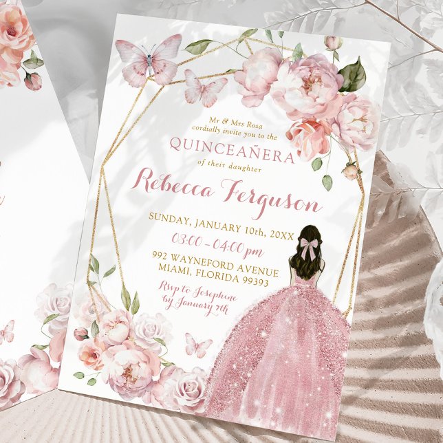 Mexican Gold Pink Floral Princess Quinceañera  Invitation (Creator Uploaded)