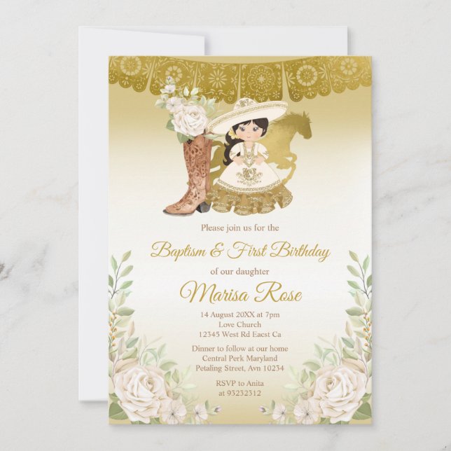 Mexican Gold White Floral Baptism Fiesta Birthday  Invitation (Front)