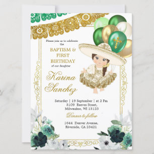 Mexican Green Gold Girl Baptism and Birthday Invitation