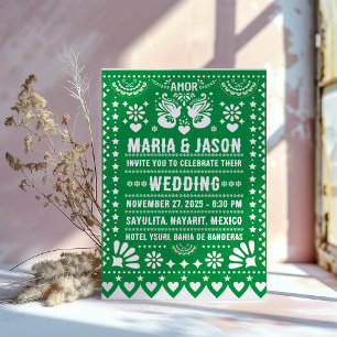Mexican Green Papel Picado Fiesta Folk Art Wedding Invitation