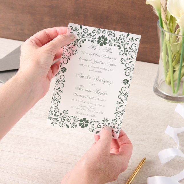 Mexican Green Talavera Wedding  Vellum Invitations (Handheld)