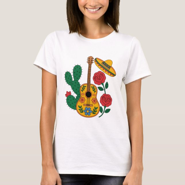 Mexican Guitar Sombrero and Cactus Fiesta Design T-Shirt (Front)