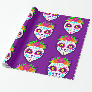 mexican halloween cat sugar skull wrapping paper