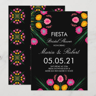 Mexican Hand Drawn Floral Black Pink Bridal Shower Invitation