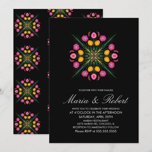 Mexican Hand Drawn Floral Black Pink Wedding Invitation (Front/Back)