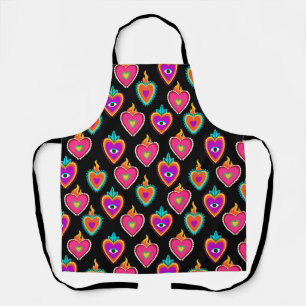 Mexican Heart Ethnic Embroidery Black Apron