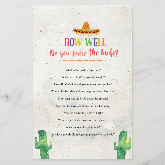 Mexican How well do you know The Bride Game card (Front)
