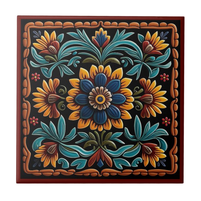 Mexican huichol art style ceramic tile (Front)