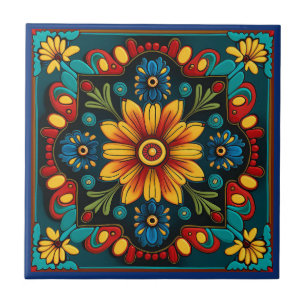 Mexican huichol art style ceramic tile