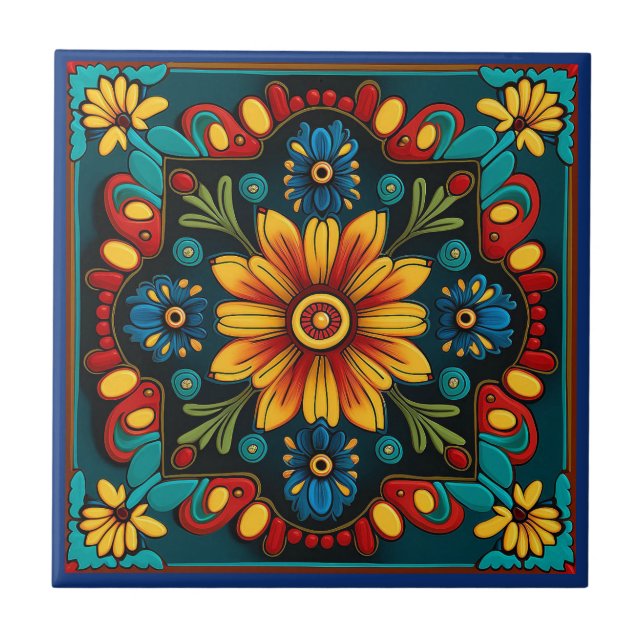 Mexican huichol art style ceramic tile (Front)