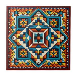 Mexican huichol art style ceramic tile