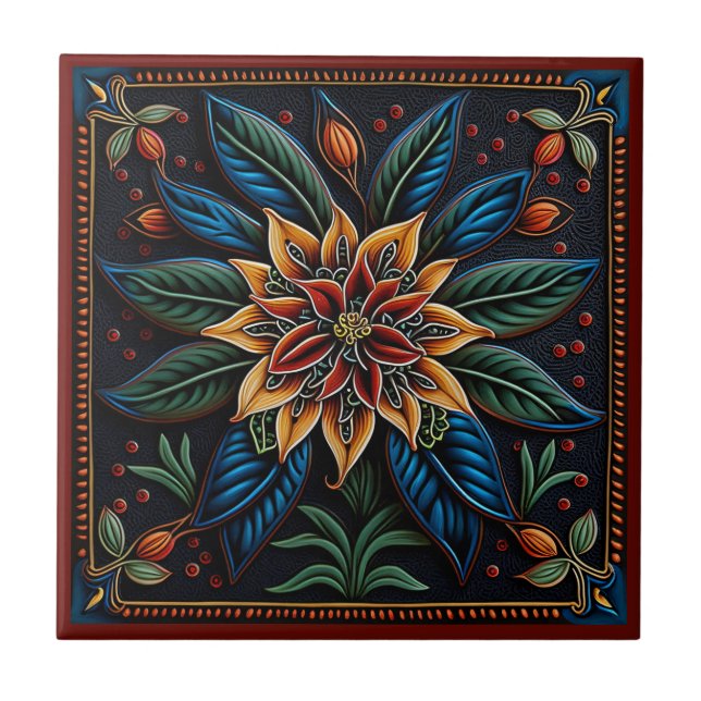 Mexican huichol art style lily ceramic tile (Front)