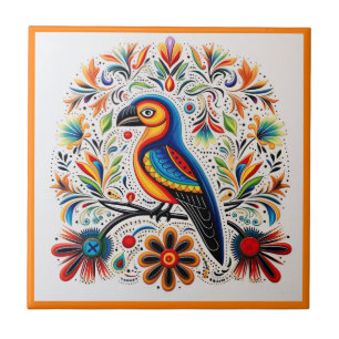 Mexican huichol bird ceramic tile