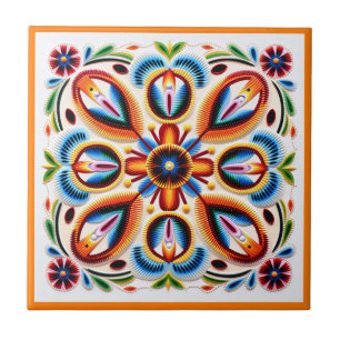 Mexican huichol flower ceramic tile