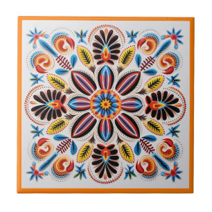 Mexican huichol flower ceramic tile