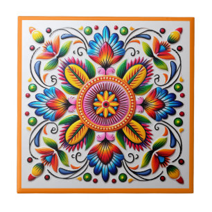 Mexican huichol flower ceramic tile