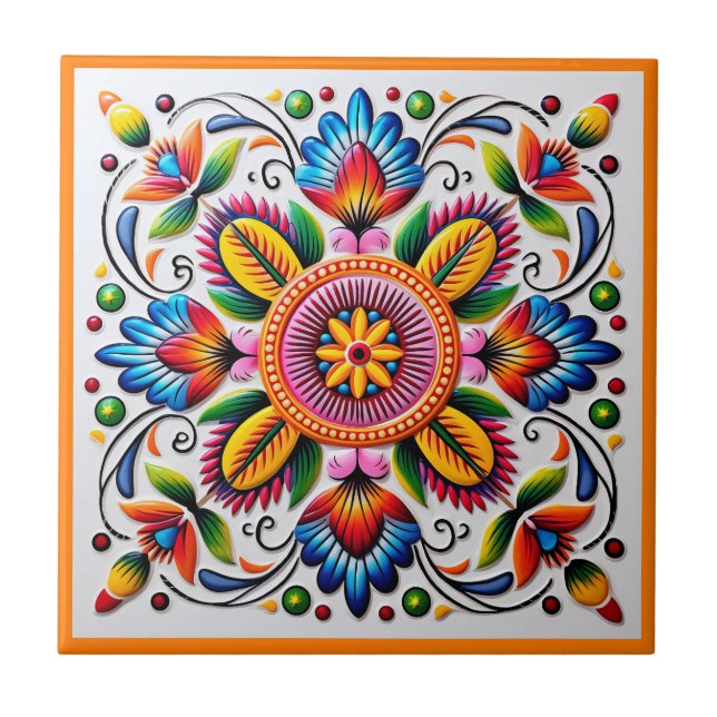 Mexican huichol flower ceramic tile (Front)