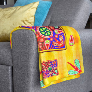Mexican Huichol Golden & Purple Art Patterns Sherpa Blanket