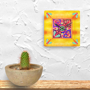 Mexican Huichol Golden & Purple Art Patterns Square Wall Clock