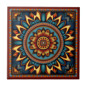 Mexican Huichol style ceramic tile 1/12
