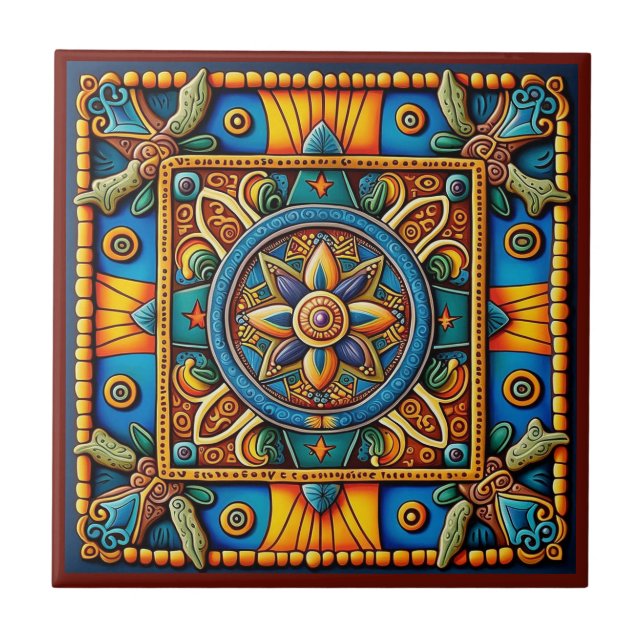 Mexican Huichol style ceramic tile 2/12 (Front)