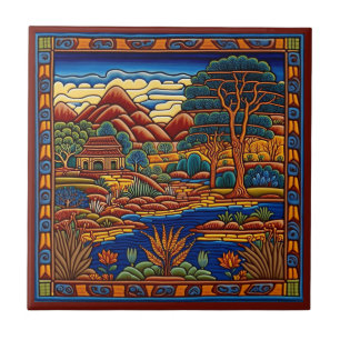 Mexican Huichol style landscape ceramic tile 7/12