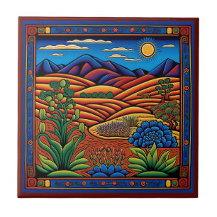 Mexican Huichol style landscape ceramic tile 8/12