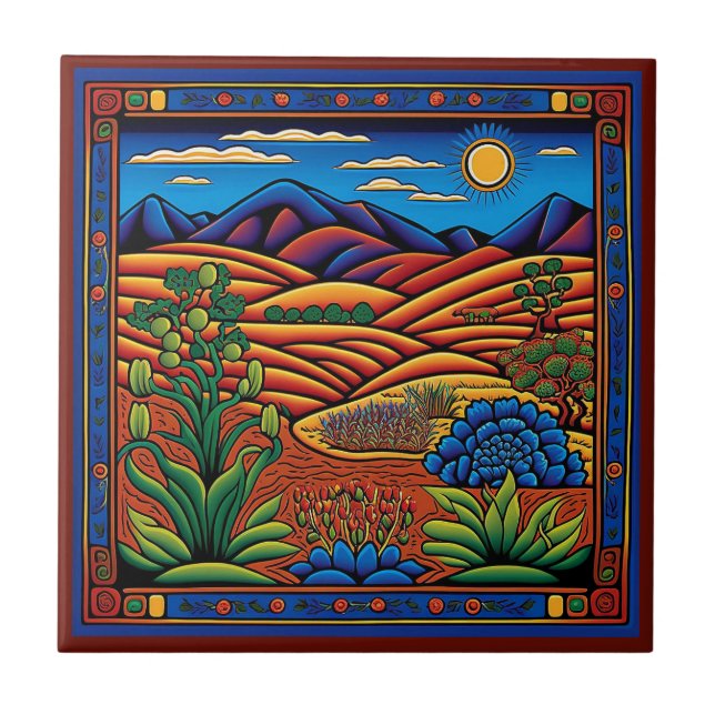 Mexican Huichol style landscape ceramic tile 8/12 (Front)