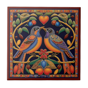 Mexican Huichol style love birds ceramic tile 6/12
