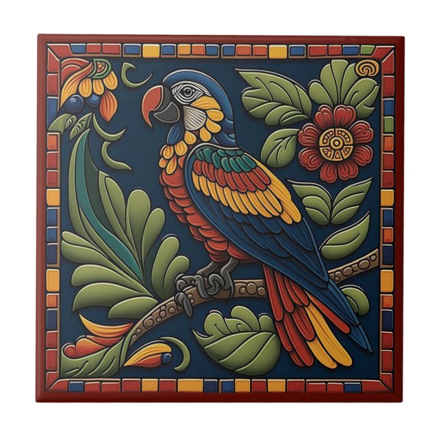 Mexican Huichol style parrot ceramic tile 4/12 (Front)