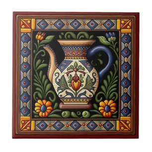 Mexican Huichol style pitcher ceramic tile 3/12