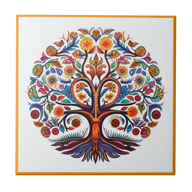 Mexican huichol tree of life ceramic tile (Front)