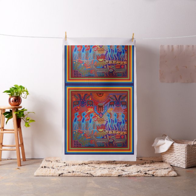 Mexican Huichol Yarn Painting Peyote Design Fabric (In Situ)
