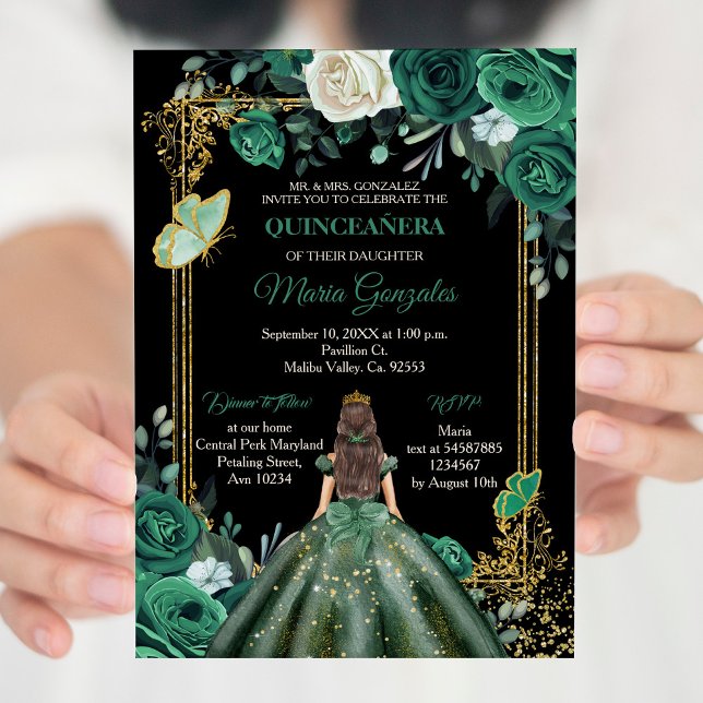 Mexican Hunter Green Quinceanera Butterfly  Invitation (Creator Uploaded)
