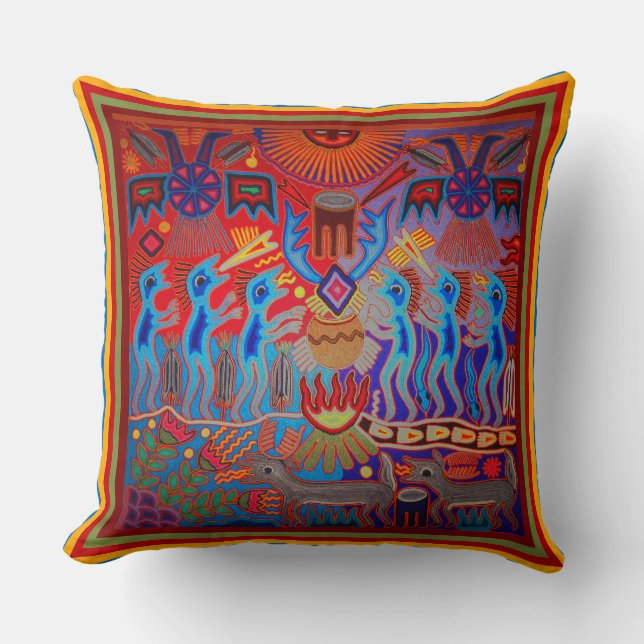 Mexican Indian Huicol Yarn Painting Throw Pillow (Front)