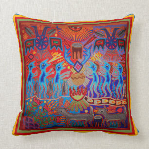 Mexican Indian Huicol Yarn Painting Throw Pillow