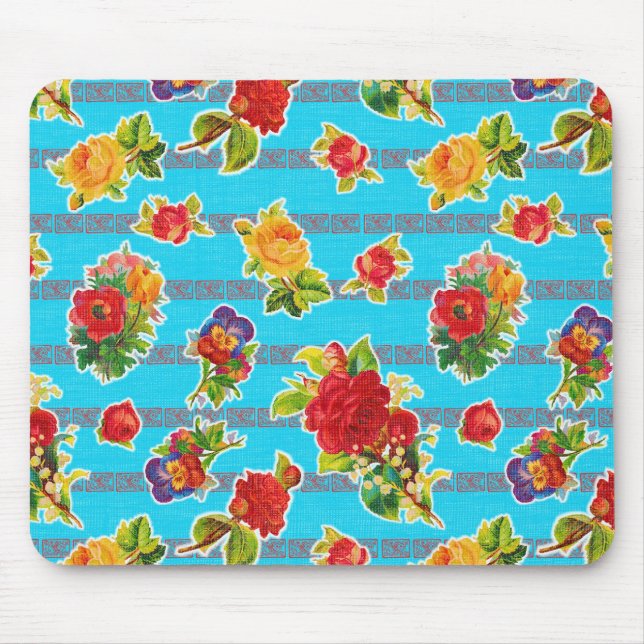 Mexican Inspired Oilcloth - Turquoise Flowers Mouse Mat (Front)