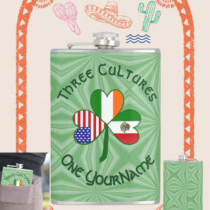 Mexican Irish USA Flags Shamrock Personalised  Hip Flask