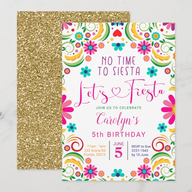 Mexican Let's Fiesta Girl Birthday Invitation (Front/Back)