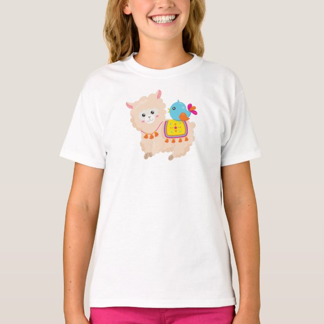 Mexican Llama, Cute Llama, Cute Alpaca, Blue Bird T-Shirt (Front)