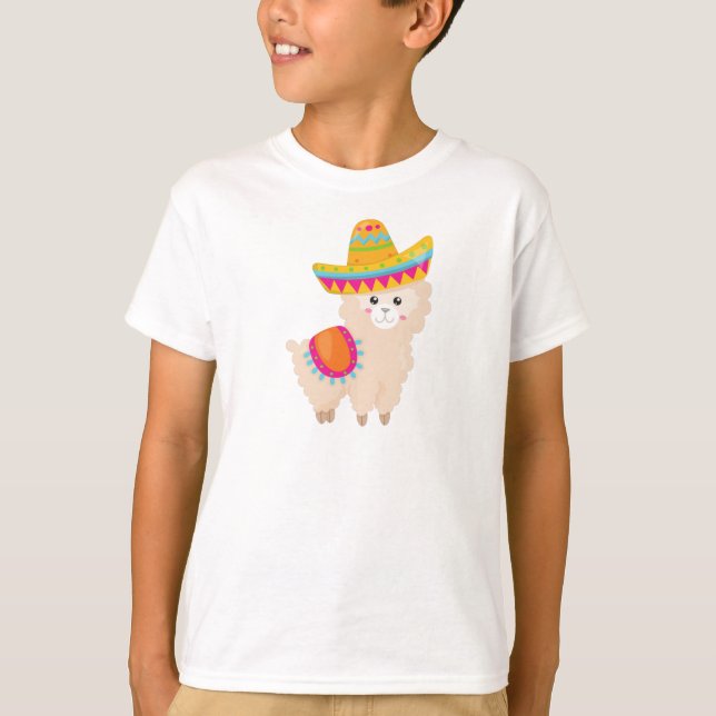 Mexican Llama, Cute Llama, Cute Alpaca, Sombrero T-Shirt (Front)