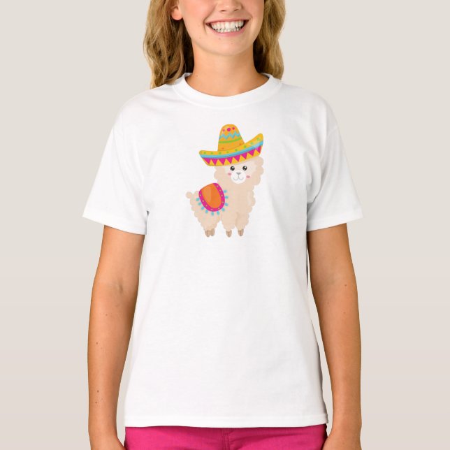 Mexican Llama, Cute Llama, Cute Alpaca, Sombrero T-Shirt (Front)