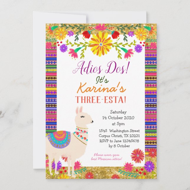 Mexican Llama Three-Esta Birthday Invitation (Front)