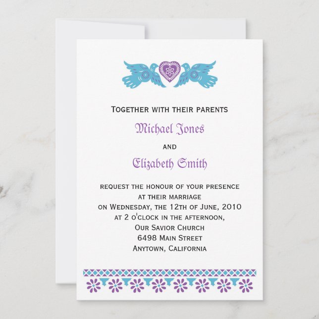 Mexican Love Birds - purple and blue Invitation (Front)