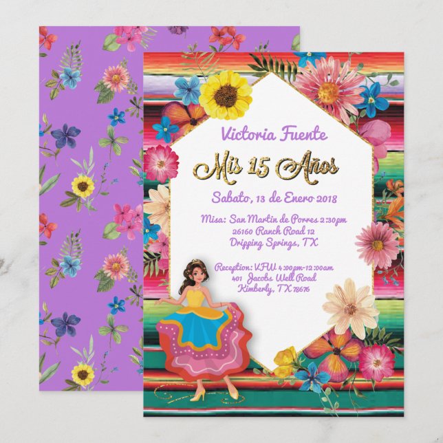 Mexican Mis 15 Anos Party Gold Glitter Invitation (Front/Back)