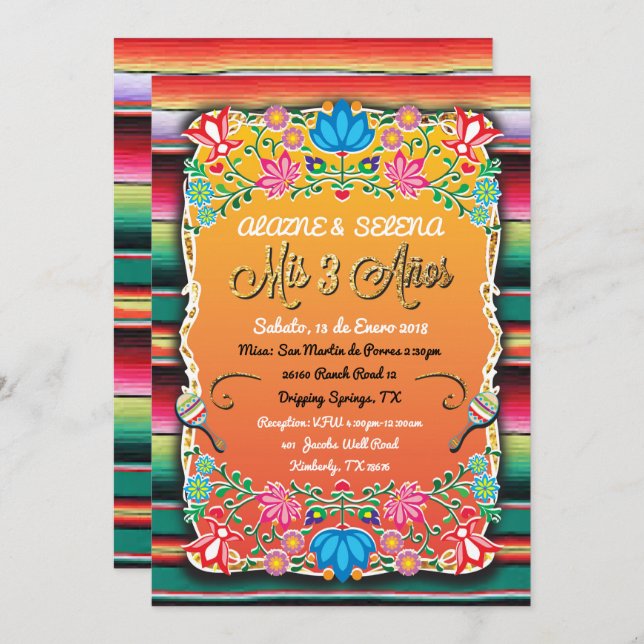 Mexican Mis 3 Anos Party Gold Glitter Invitation (Front/Back)